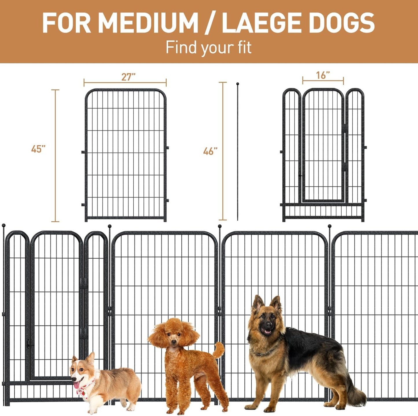 Petorldog 45" Metal Dog Playpen – 8 Panels, Indoor/Outdoor Dog Fence for Small/Medium/Large Dogs | Black - Silver, Perfect for Camping & Yard - Petorldog