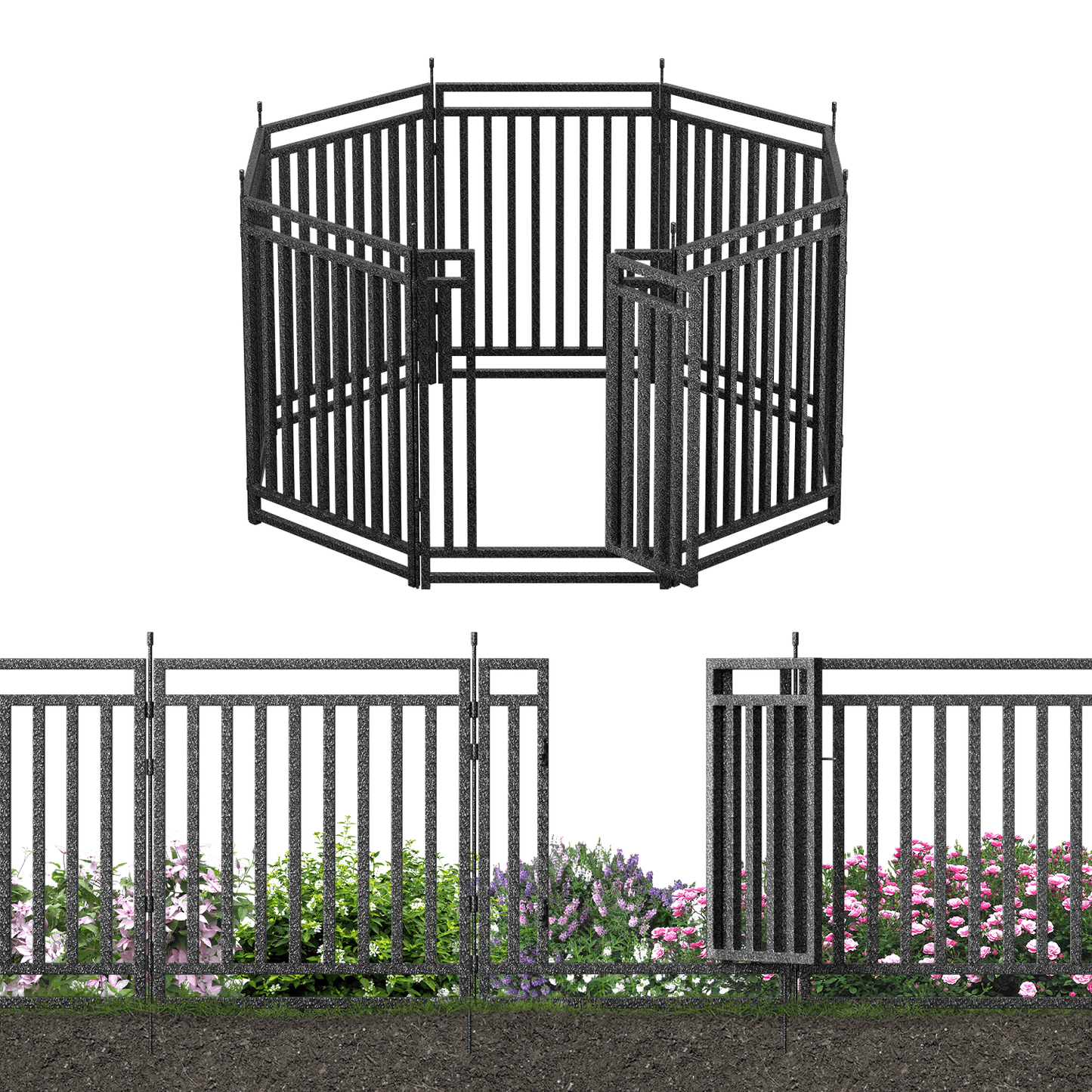Petorldog Decorative Metal Garden Fence – 32/40 Inch Height, 8/16/24/32 Panels | Outdoor Dog Fence for Small, Medium & Large Dogs | Perfect for Camping, Yard & RV | Black - Silver - Petorldog
