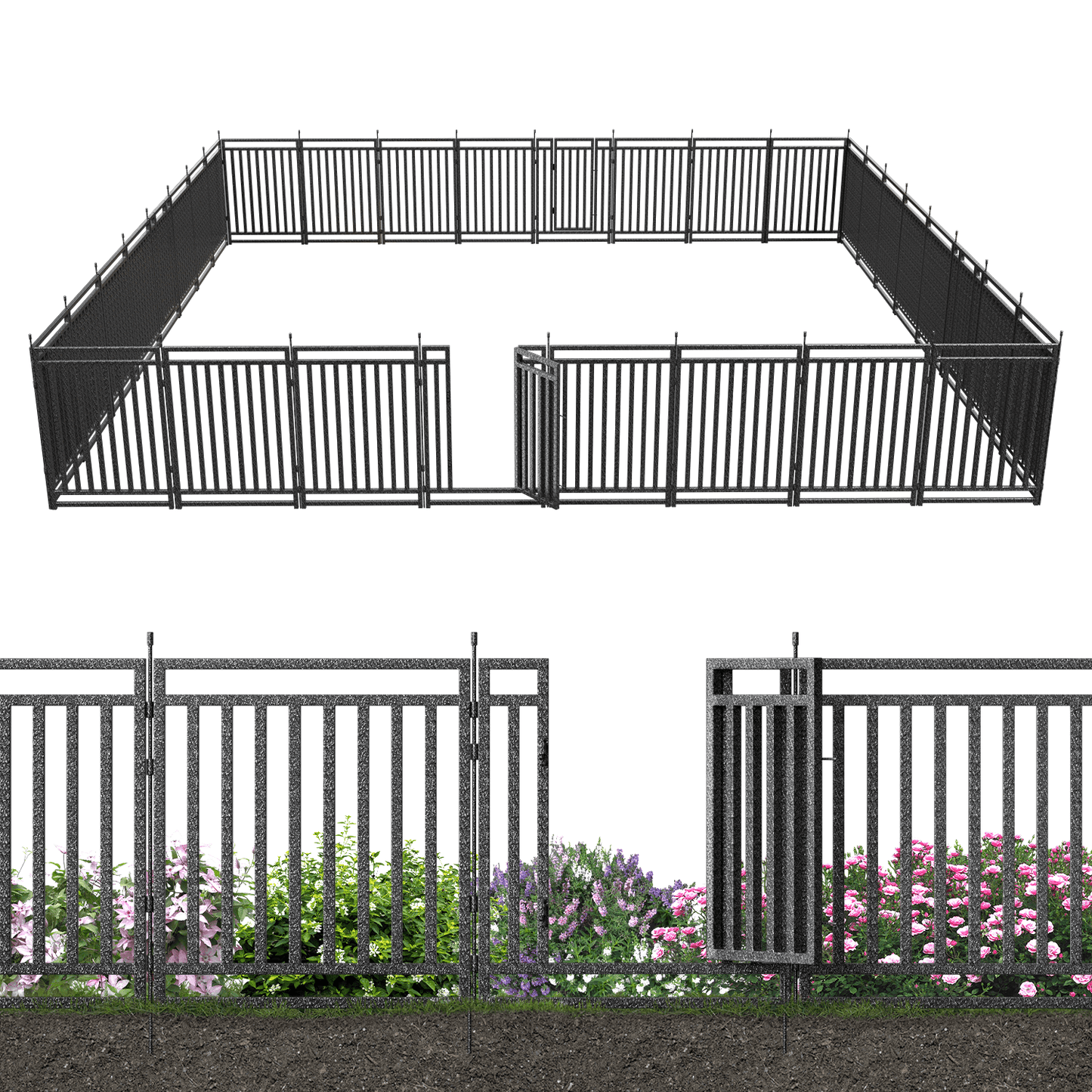 Petorldog Decorative Metal Garden Fence – 32/40 Inch Height, 8/16/24/32 Panels | Outdoor Dog Fence for Small, Medium & Large Dogs | Perfect for Camping, Yard & RV | Black - Silver - Petorldog