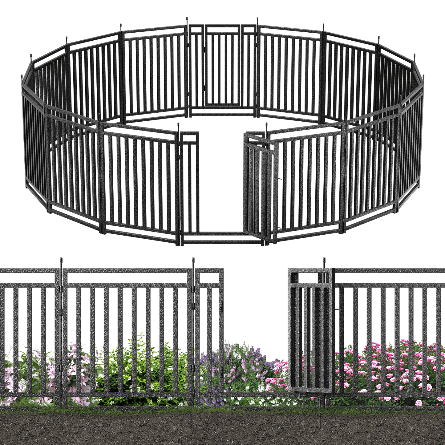 Petorldog Decorative Metal Garden Fence – 32/40 Inch Height, 8/16/24/32 Panels | Outdoor Dog Fence for Small, Medium & Large Dogs | Perfect for Camping, Yard & RV | Black - Silver - Petorldog