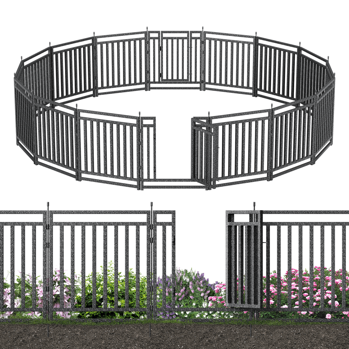 Petorldog Decorative Metal Garden Fence – 32/40 Inch Height, 8/16/24/32 Panels | Outdoor Dog Fence for Small, Medium & Large Dogs | Perfect for Camping, Yard & RV | Black - Silver - Petorldog