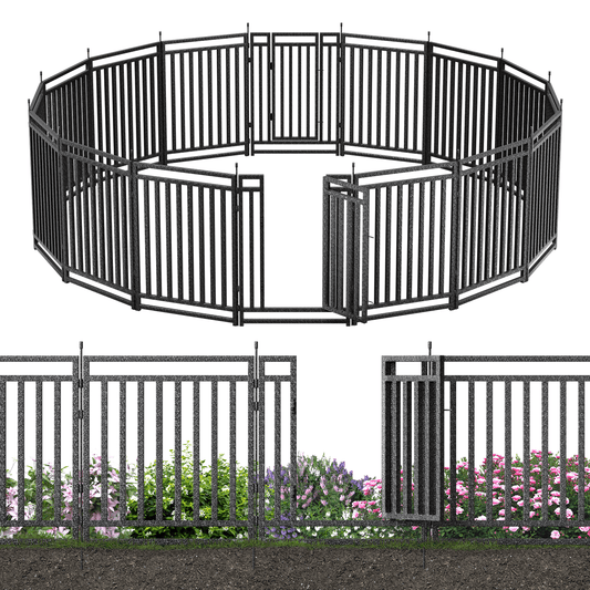 Petorldog Decorative Metal Garden Fence – 32/40 Inch Height, 8/16/24/32 Panels | Outdoor Dog Fence for Small, Medium & Large Dogs | Perfect for Camping, Yard & RV | Black - Silver - Petorldog