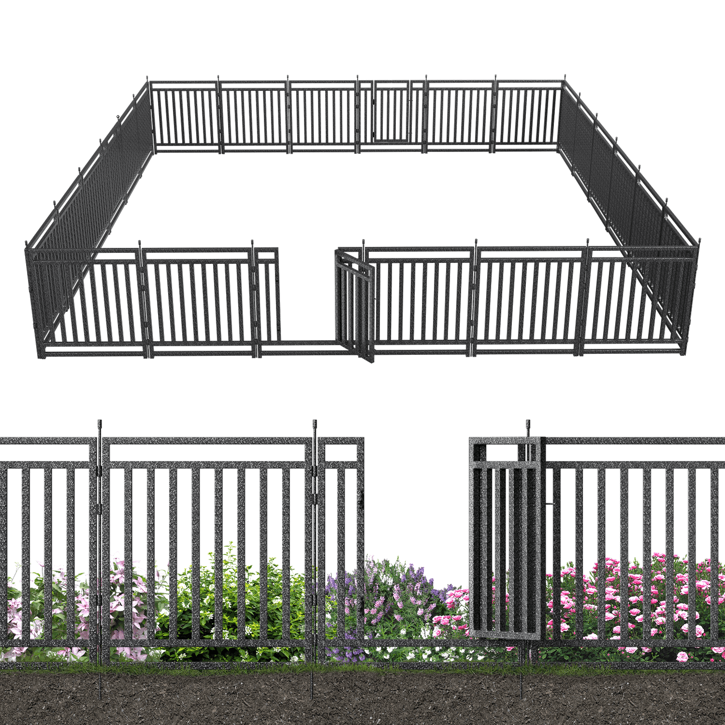 Petorldog Decorative Metal Garden Fence – 32/40 Inch Height, 8/16/24/32 Panels | Outdoor Dog Fence for Small, Medium & Large Dogs | Perfect for Camping, Yard & RV | Black - Silver - Petorldog