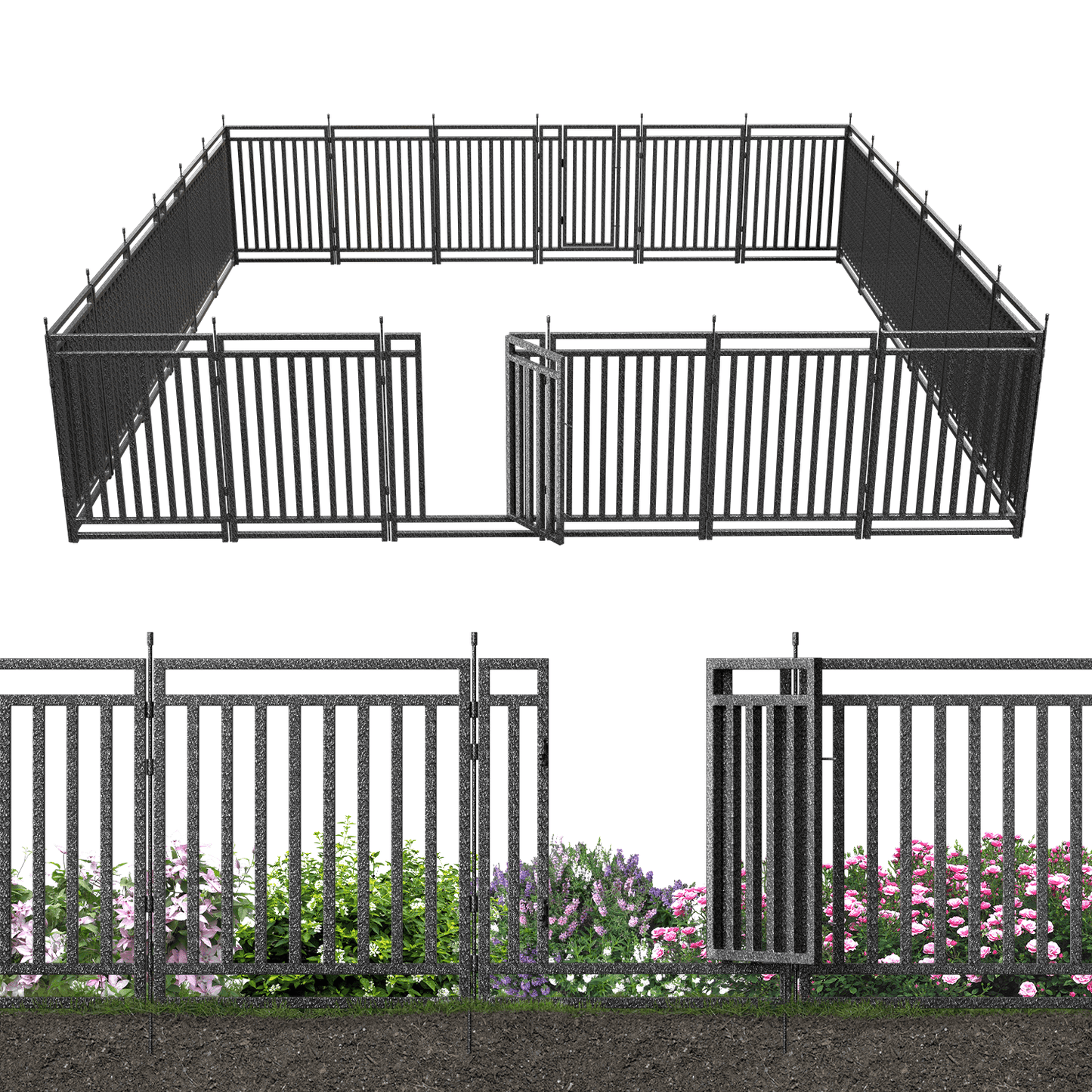 Petorldog Decorative Metal Garden Fence – 32/40 Inch Height, 8/16/24/32 Panels | Outdoor Dog Fence for Small, Medium & Large Dogs | Perfect for Camping, Yard & RV | Black - Silver - Petorldog