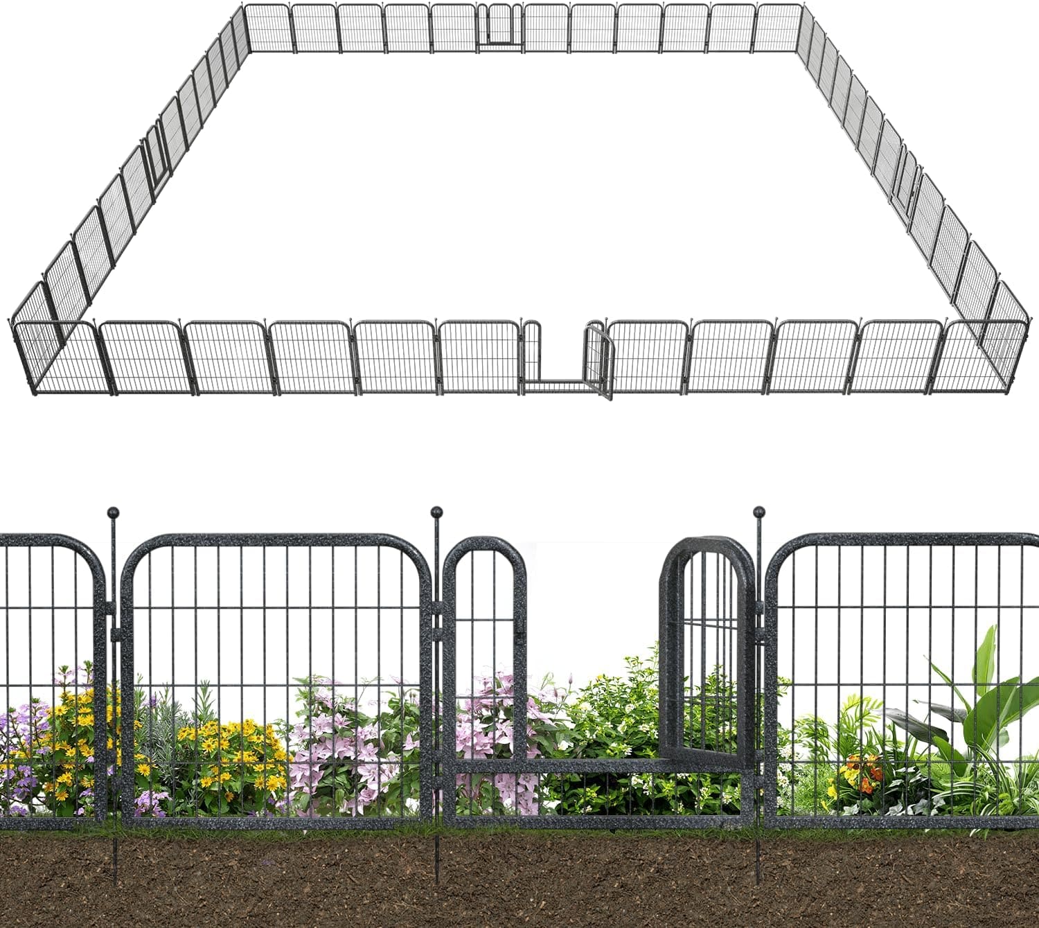 Petorldog Decorative Metal Garden Fence – Rustproof No - Dig Outdoor Barrier | Wire Animal Fence for Yard, Patio & Flower Beds | Black & Silver - Petorldog