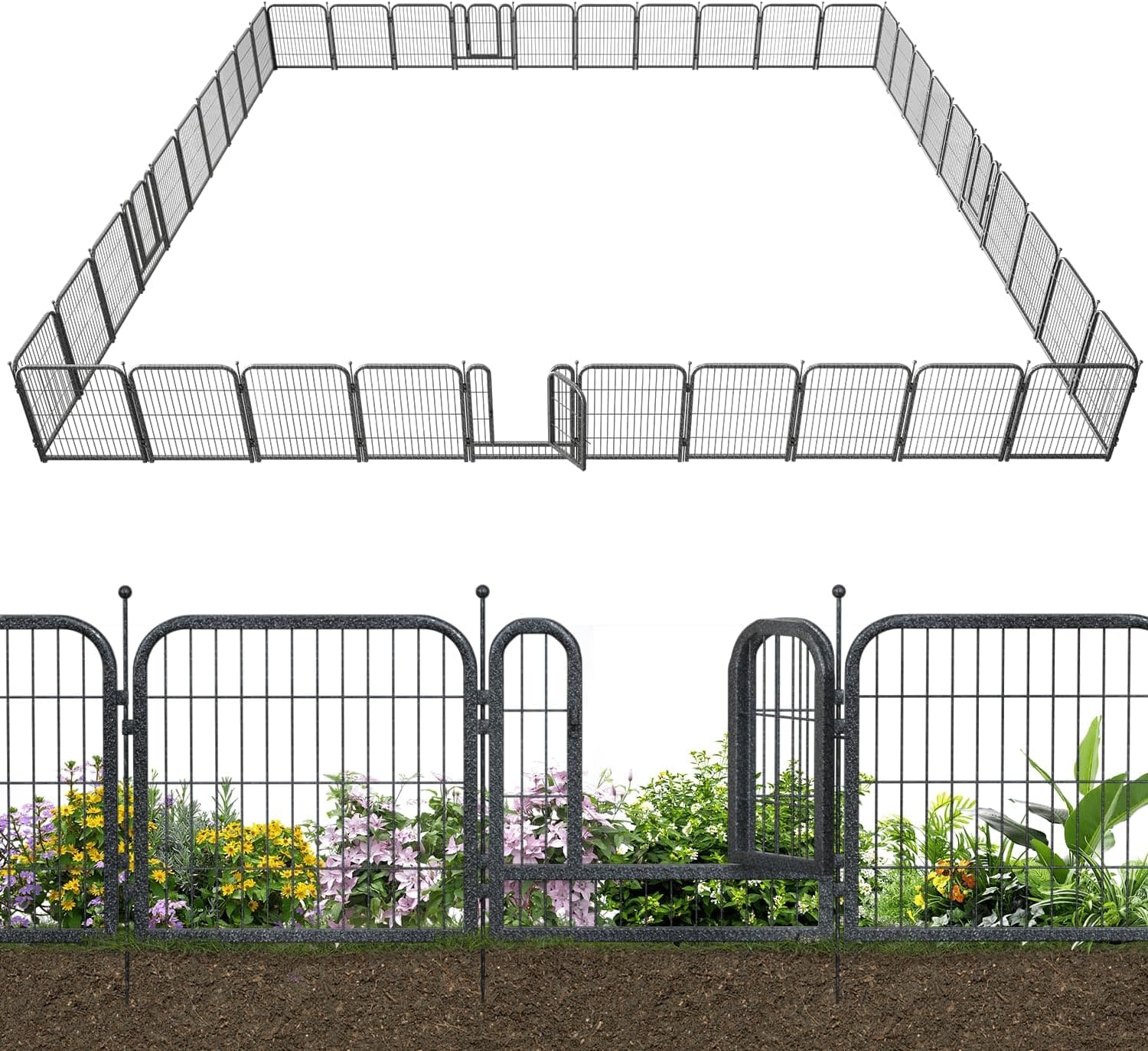 Petorldog Decorative Metal Garden Fence – Rustproof No - Dig Outdoor Barrier | Wire Animal Fence for Yard, Patio & Flower Beds | Black & Silver - Petorldog