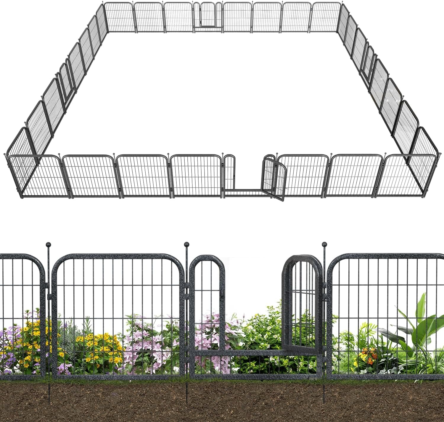 Petorldog Decorative Metal Garden Fence – Rustproof No - Dig Outdoor Barrier | Wire Animal Fence for Yard, Patio & Flower Beds | Black & Silver - Petorldog
