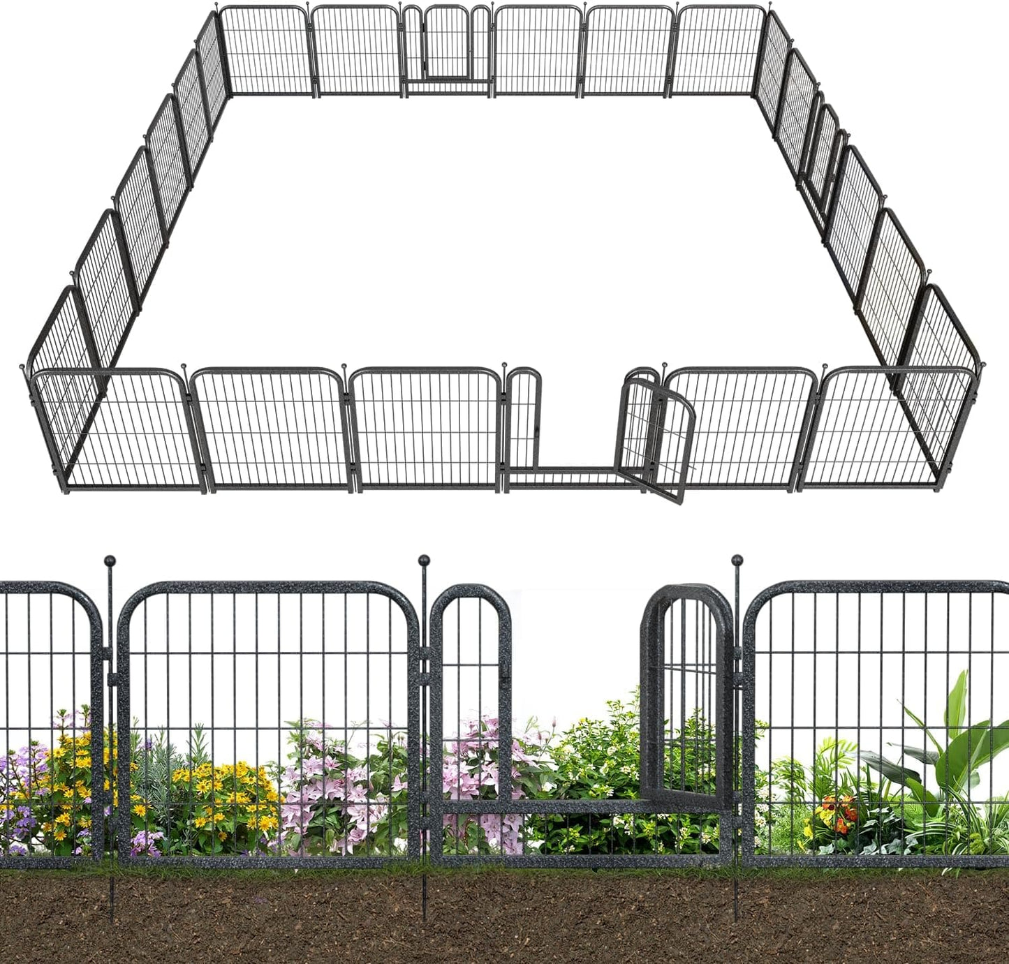 Petorldog Decorative Metal Garden Fence – Rustproof No - Dig Outdoor Barrier | Wire Animal Fence for Yard, Patio & Flower Beds | Black & Silver - Petorldog