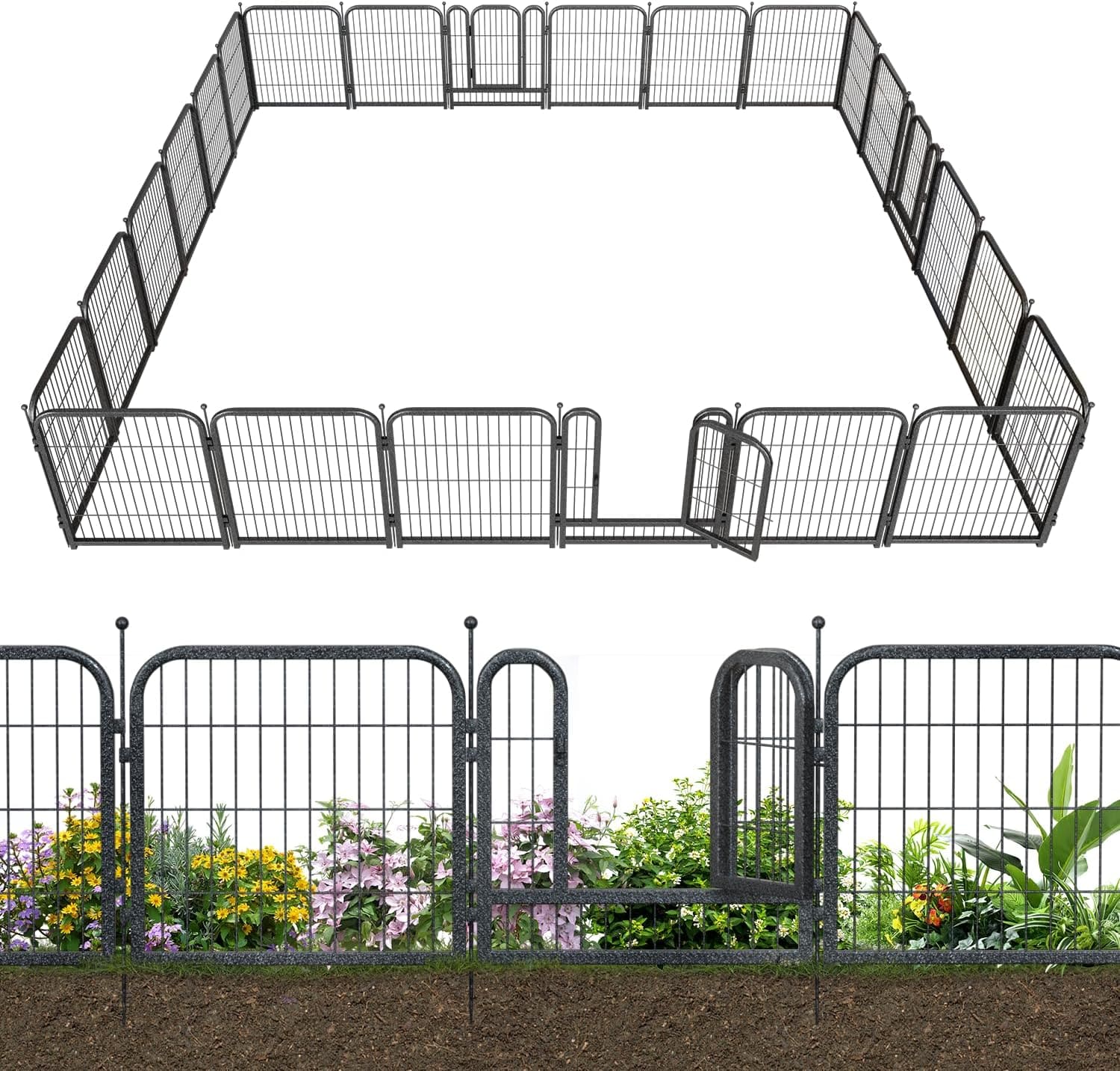 Petorldog Decorative Metal Garden Fence – Rustproof No - Dig Outdoor Barrier | Wire Animal Fence for Yard, Patio & Flower Beds | Black & Silver - Petorldog