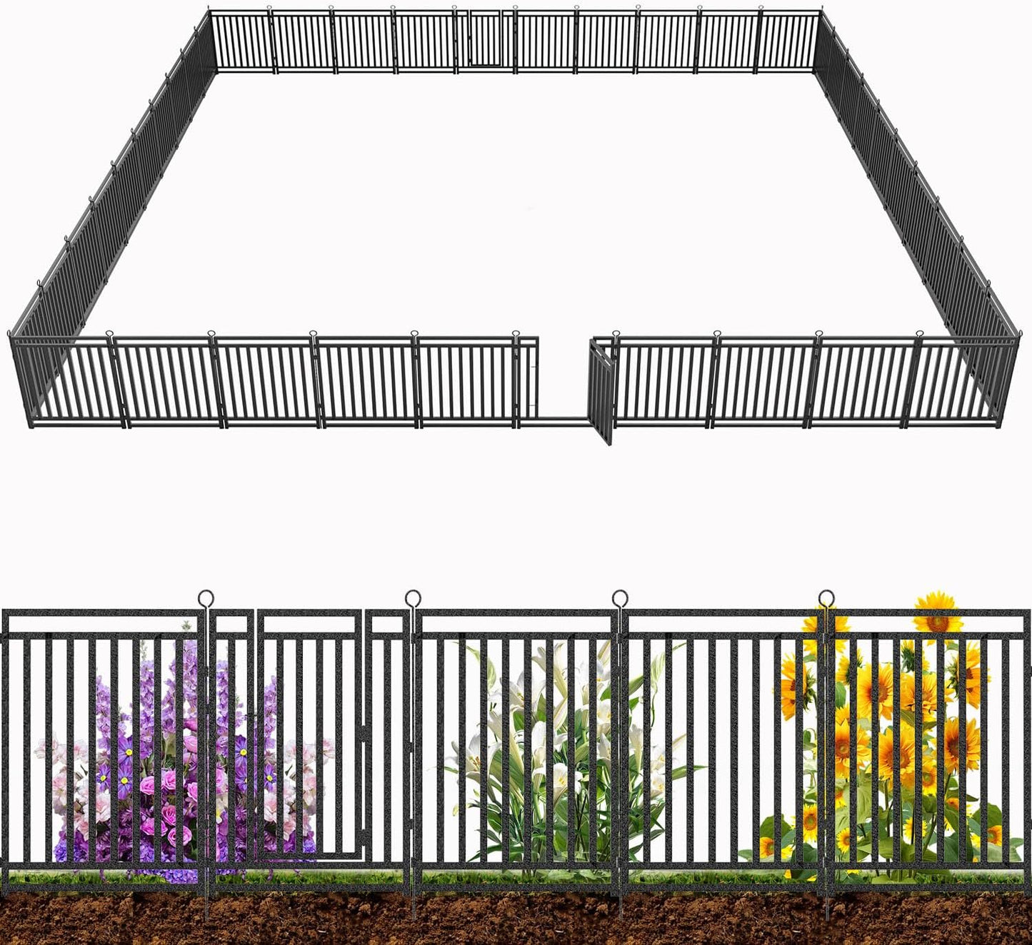 Petorldog Dog Playpen Garden Fence Metal Dog Fence Outdoor, Heavy - Duty Garden Fencing with Gate, Animal Barrier for Patio & Flower Beds, Black - Silver - Petorldog
