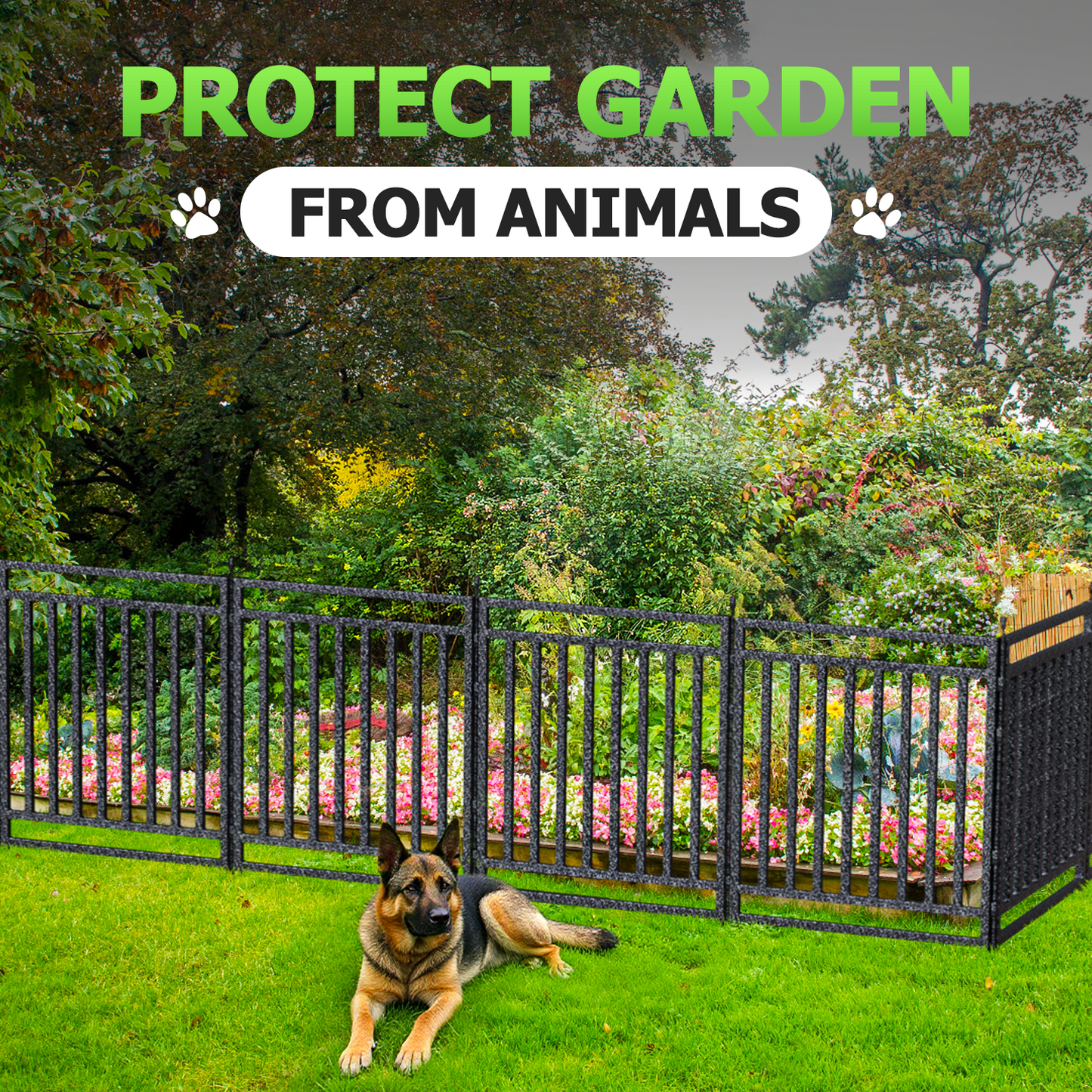 Petorldog Decorative Metal Garden Fence – 32/40 Inch Height, 8/16/24/32 Panels | Outdoor Dog Fence for Small, Medium & Large Dogs | Perfect for Camping, Yard & RV | Black-Silver