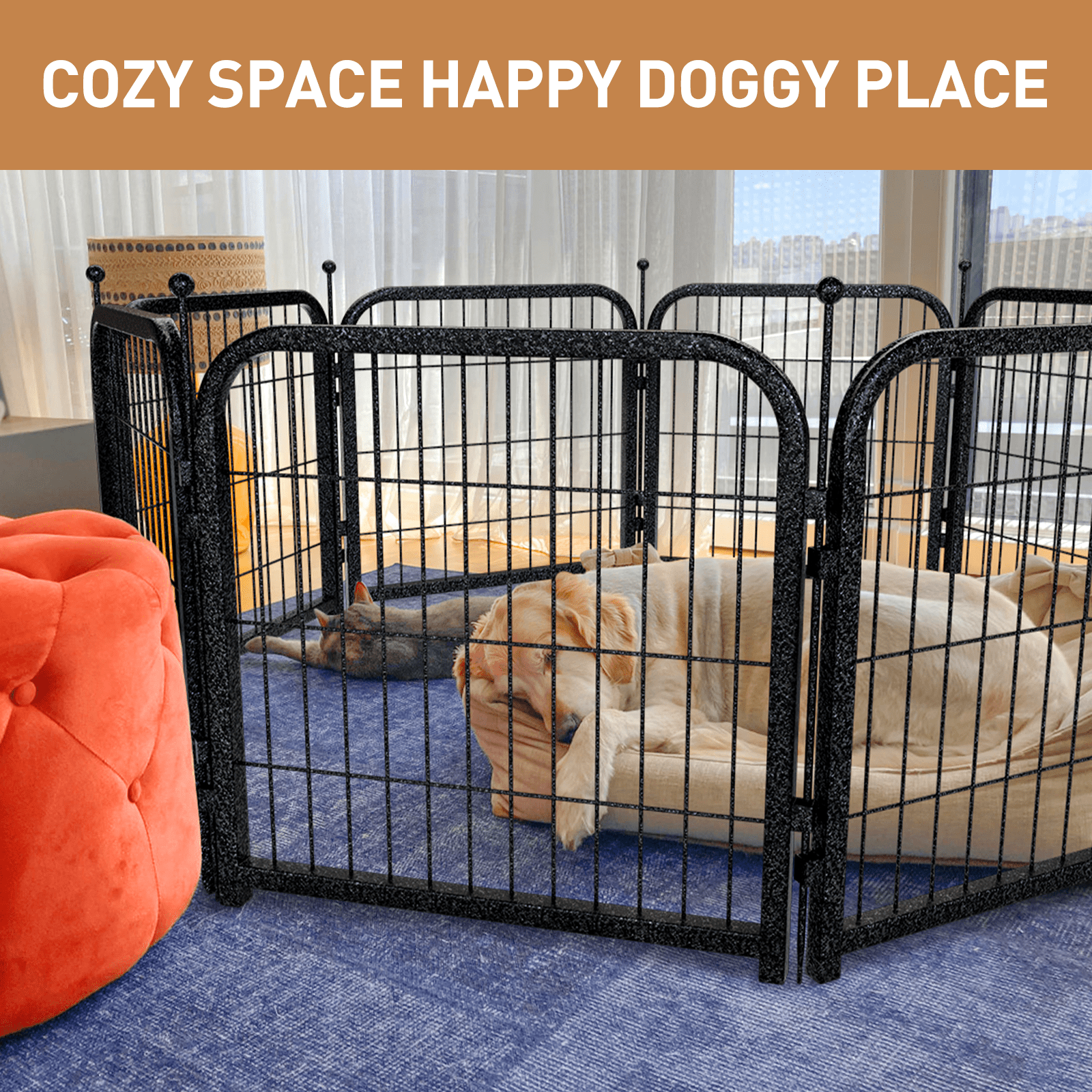 Petorldog 45" Metal Dog Playpen – 8 Panels, Indoor/Outdoor Dog Fence for Small/Medium/Large Dogs | Black - Silver, Perfect for Camping & Yard - Petorldog