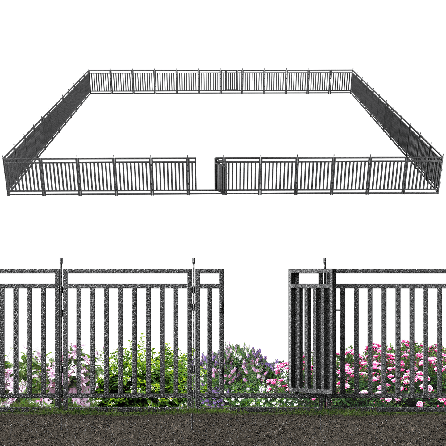 Petorldog Decorative Metal Garden Fence – 32/40 Inch Height, 8/16/24/32 Panels | Outdoor Dog Fence for Small, Medium & Large Dogs | Perfect for Camping, Yard & RV | Black - Silver - Petorldog