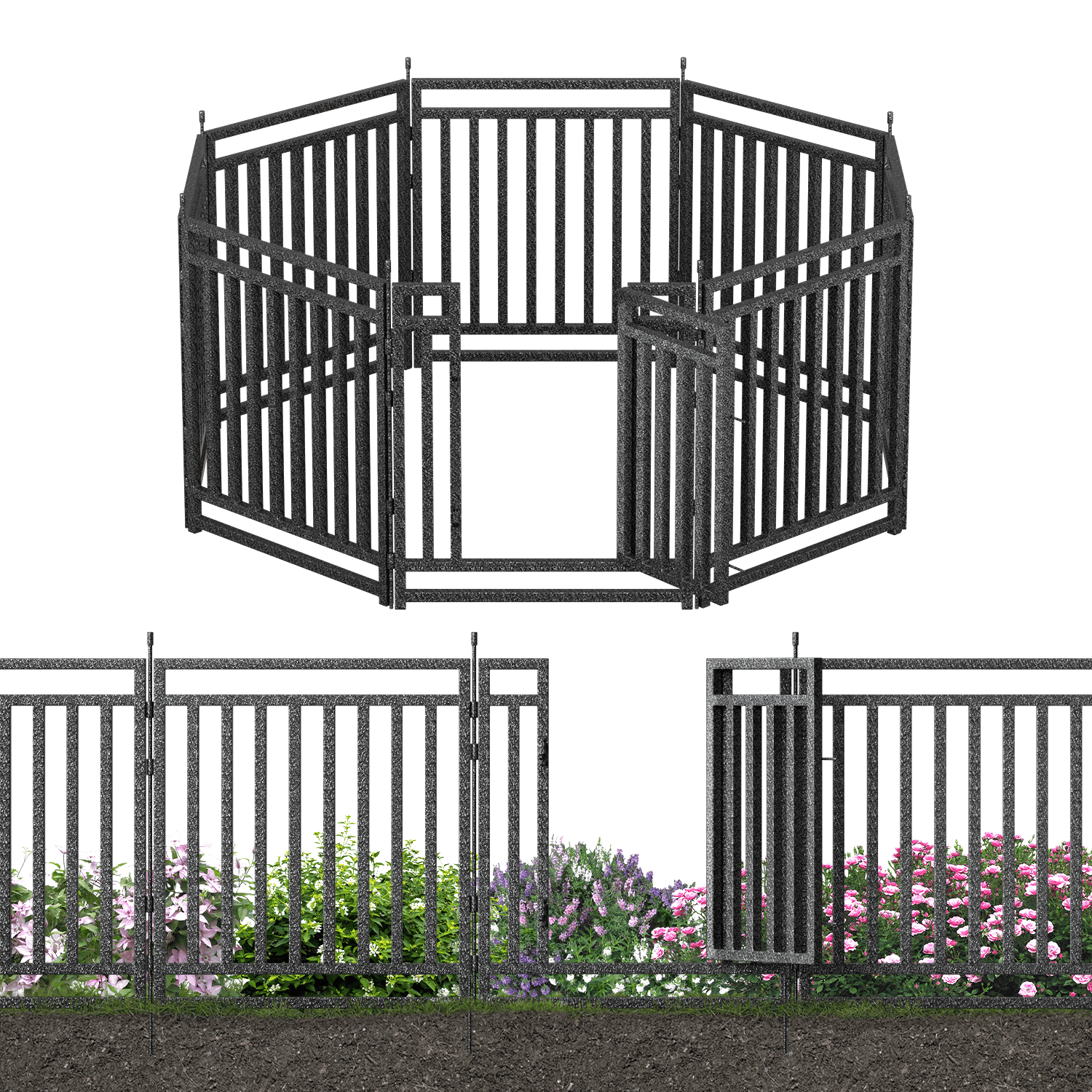 Petorldog Decorative Metal Garden Fence – 32/40 Inch Height, 8/16/24/32 Panels | Outdoor Dog Fence for Small, Medium & Large Dogs | Perfect for Camping, Yard & RV | Black - Silver - Petorldog