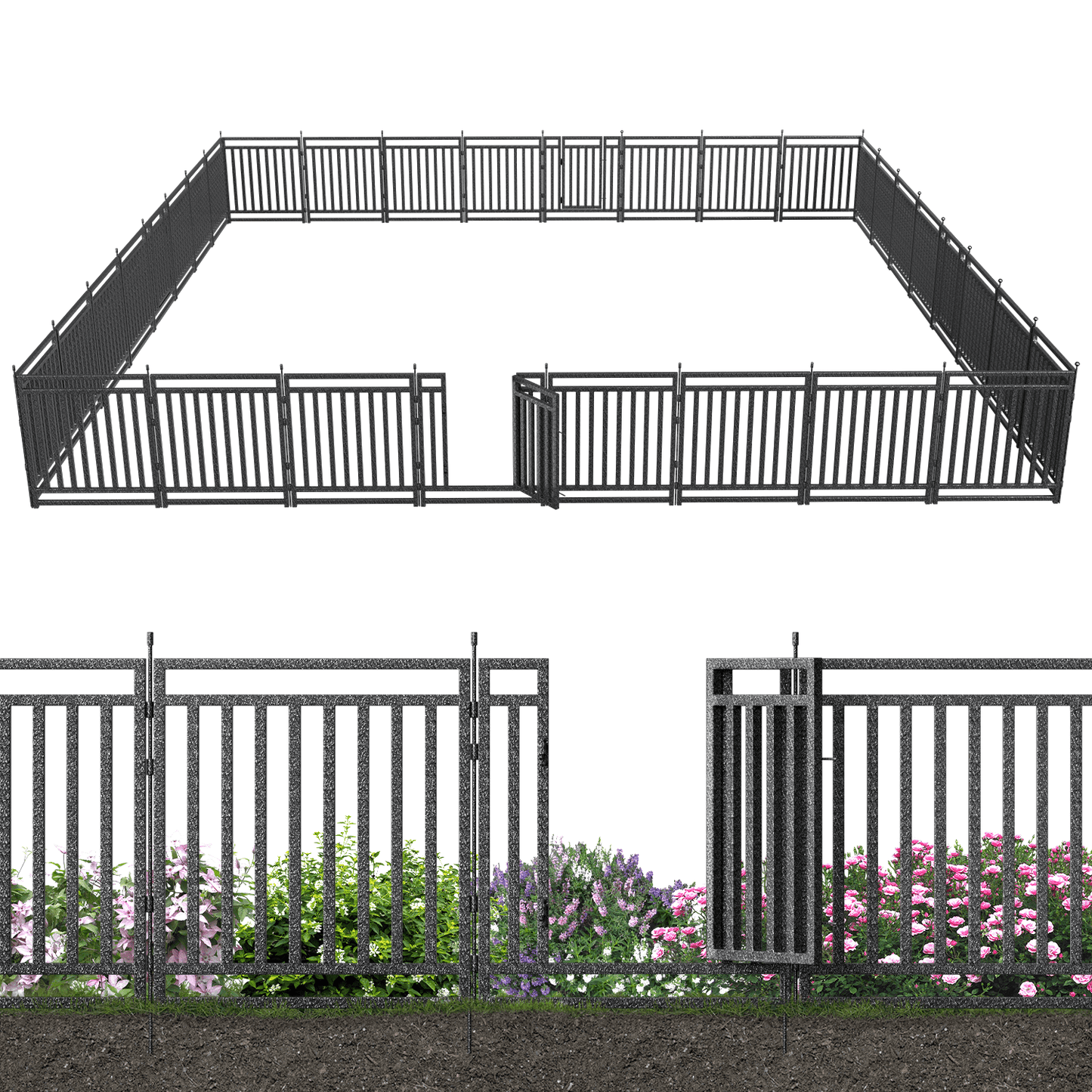 Petorldog Decorative Metal Garden Fence – 32/40 Inch Height, 8/16/24/32 Panels | Outdoor Dog Fence for Small, Medium & Large Dogs | Perfect for Camping, Yard & RV | Black - Silver - Petorldog