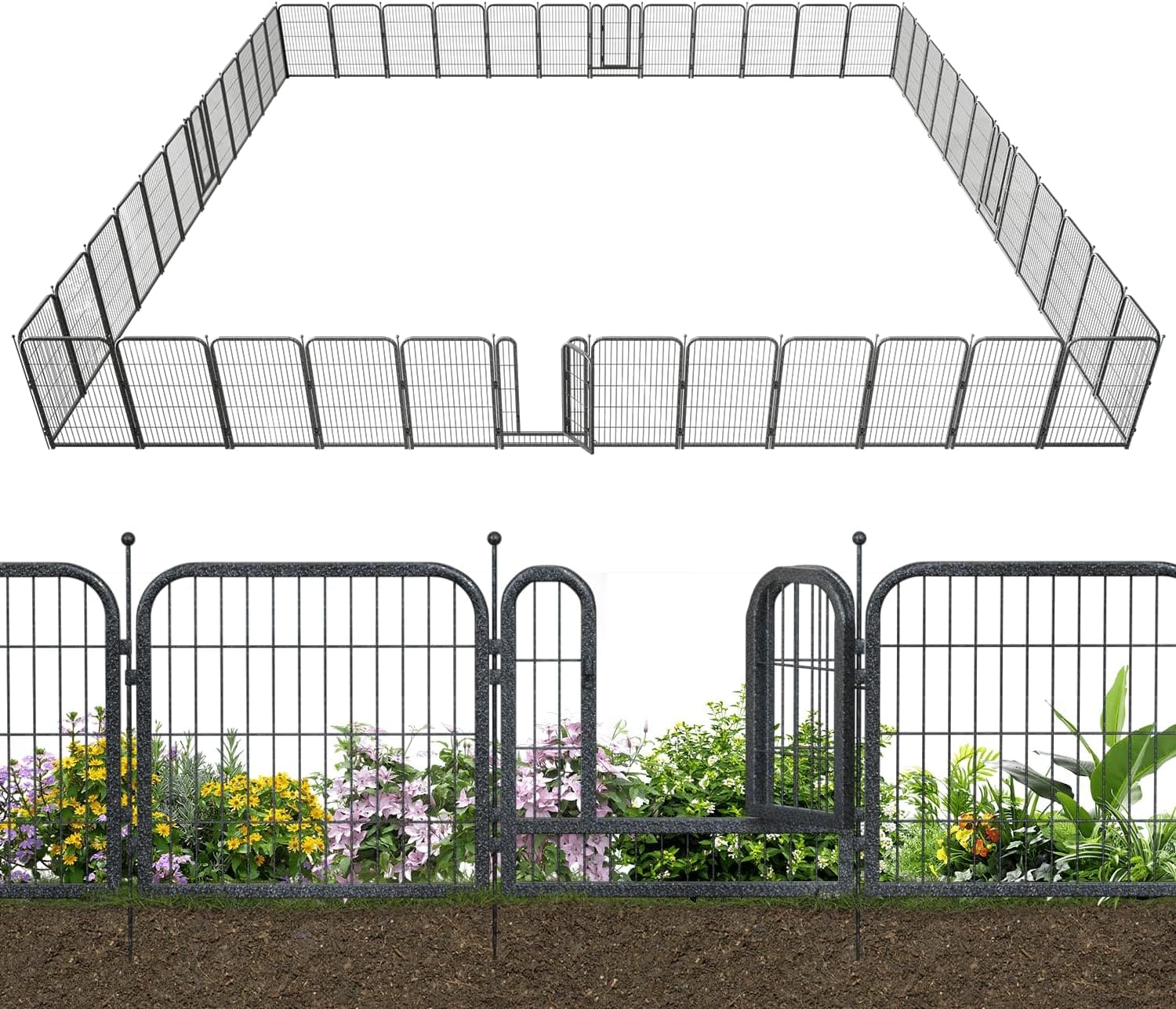 Petorldog Decorative Metal Garden Fence – Rustproof No - Dig Outdoor Barrier | Wire Animal Fence for Yard, Patio & Flower Beds | Black & Silver - Petorldog