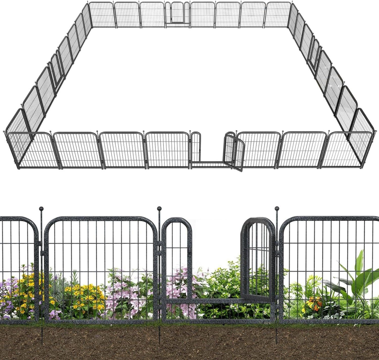 Petorldog Decorative Metal Garden Fence – Rustproof No - Dig Outdoor Barrier | Wire Animal Fence for Yard, Patio & Flower Beds | Black & Silver - Petorldog