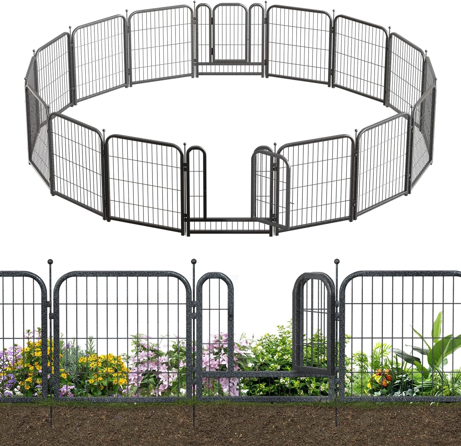 Petorldog Decorative Metal Garden Fence – Rustproof No - Dig Outdoor Barrier | Wire Animal Fence for Yard, Patio & Flower Beds | Black & Silver - Petorldog