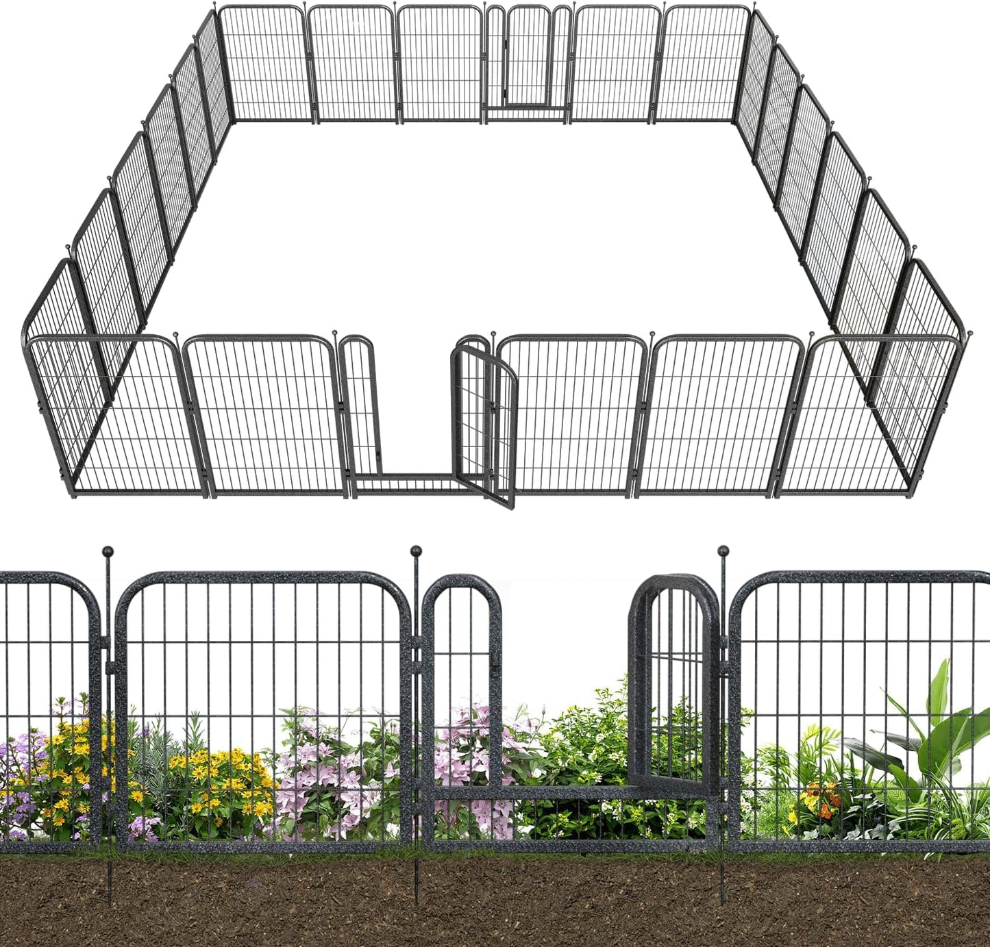 Petorldog Decorative Metal Garden Fence – Rustproof No - Dig Outdoor Barrier | Wire Animal Fence for Yard, Patio & Flower Beds | Black & Silver - Petorldog