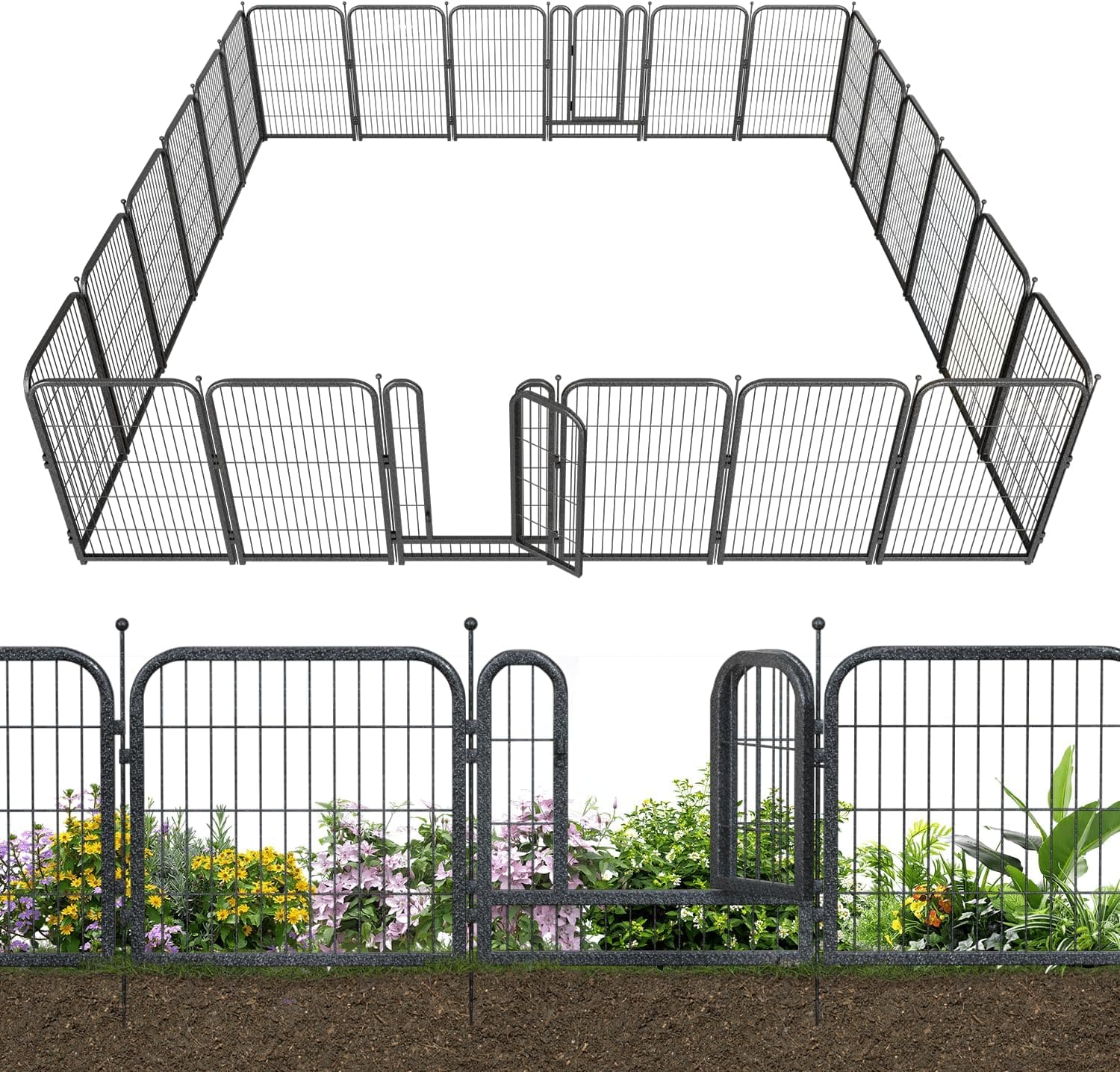 Petorldog Decorative Metal Garden Fence – Rustproof No - Dig Outdoor Barrier | Wire Animal Fence for Yard, Patio & Flower Beds | Black & Silver - Petorldog