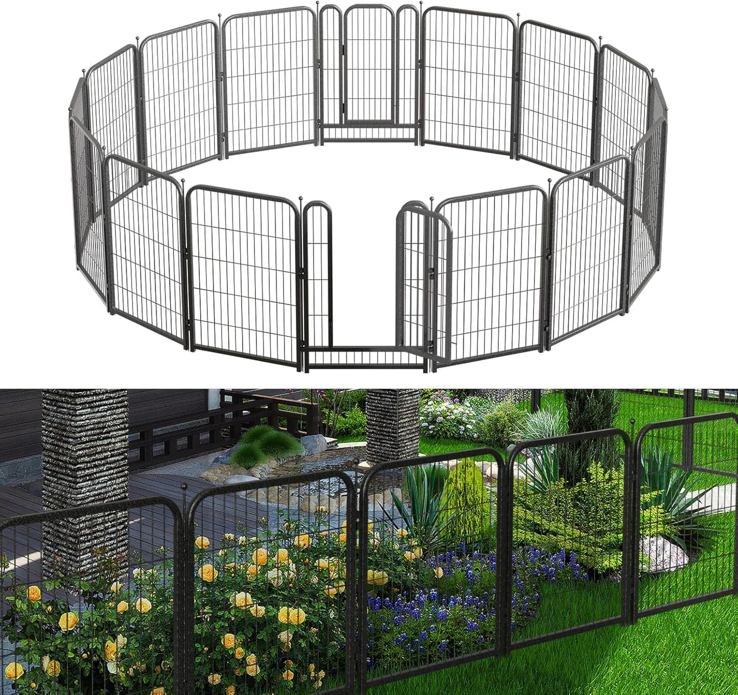 Petorldog Decorative Metal Garden Fence – Rustproof No - Dig Outdoor Barrier | Wire Animal Fence for Yard, Patio & Flower Beds | Black & Silver - Petorldog
