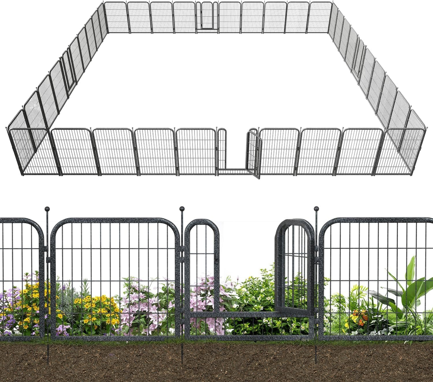 Petorldog Decorative Metal Garden Fence – Rustproof No - Dig Outdoor Barrier | Wire Animal Fence for Yard, Patio & Flower Beds | Black & Silver - Petorldog