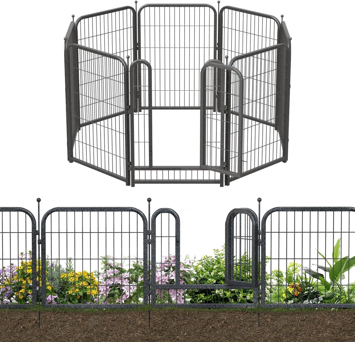 Petorldog Decorative Metal Garden Fence – Rustproof No - Dig Outdoor Barrier | Wire Animal Fence for Yard, Patio & Flower Beds | Black & Silver - Petorldog