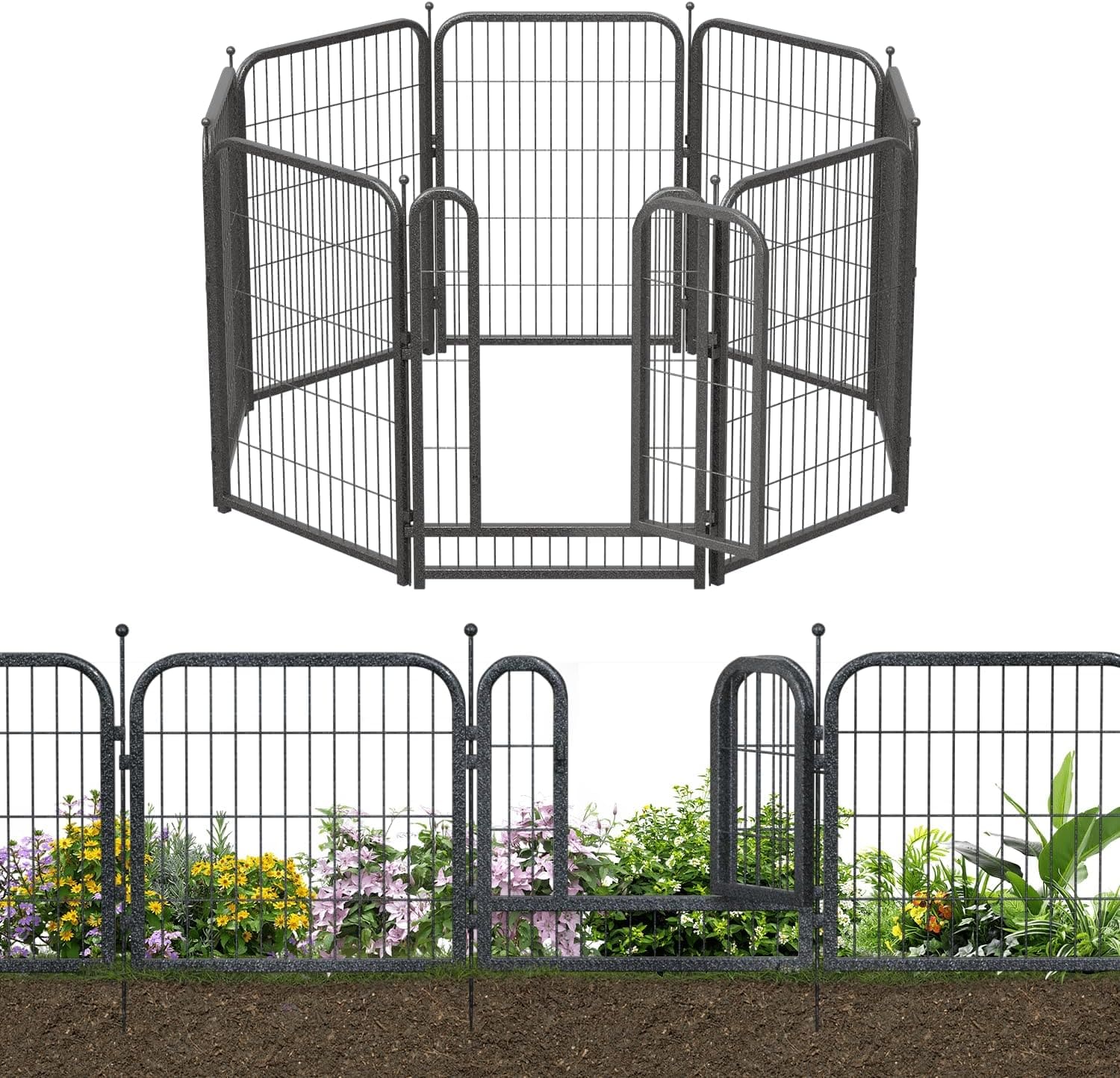 Petorldog Decorative Metal Garden Fence – Rustproof No - Dig Outdoor Barrier | Wire Animal Fence for Yard, Patio & Flower Beds | Black & Silver - Petorldog