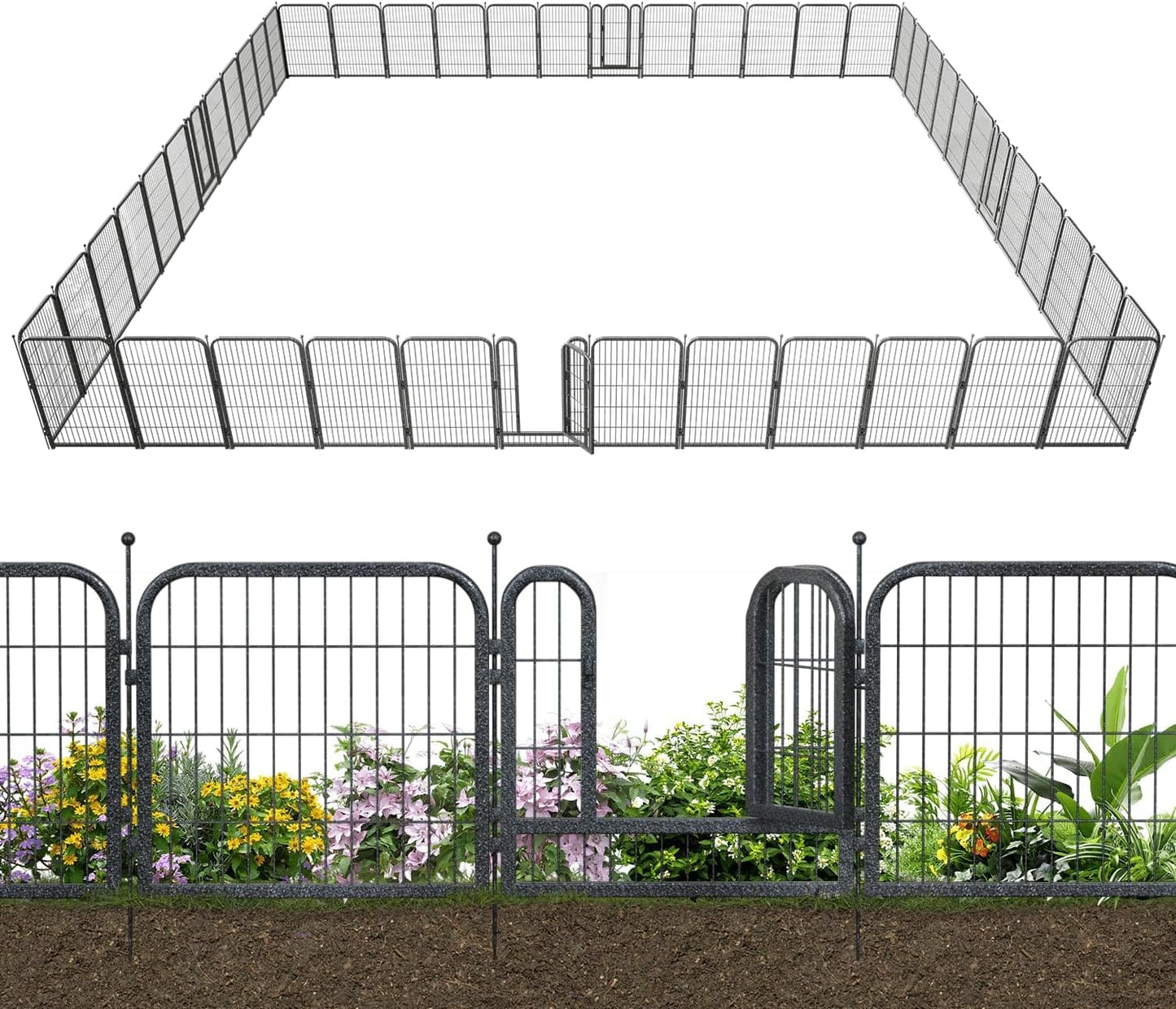 Petorldog Decorative Metal Garden Fence – Rustproof No - Dig Outdoor Barrier | Wire Animal Fence for Yard, Patio & Flower Beds | Black & Silver - Petorldog