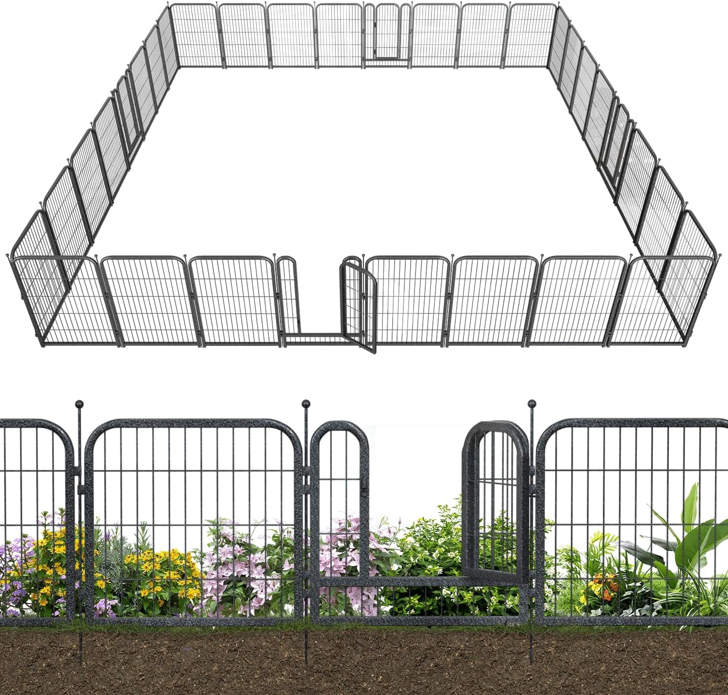 Petorldog Decorative Metal Garden Fence – Rustproof No - Dig Outdoor Barrier | Wire Animal Fence for Yard, Patio & Flower Beds | Black & Silver - Petorldog