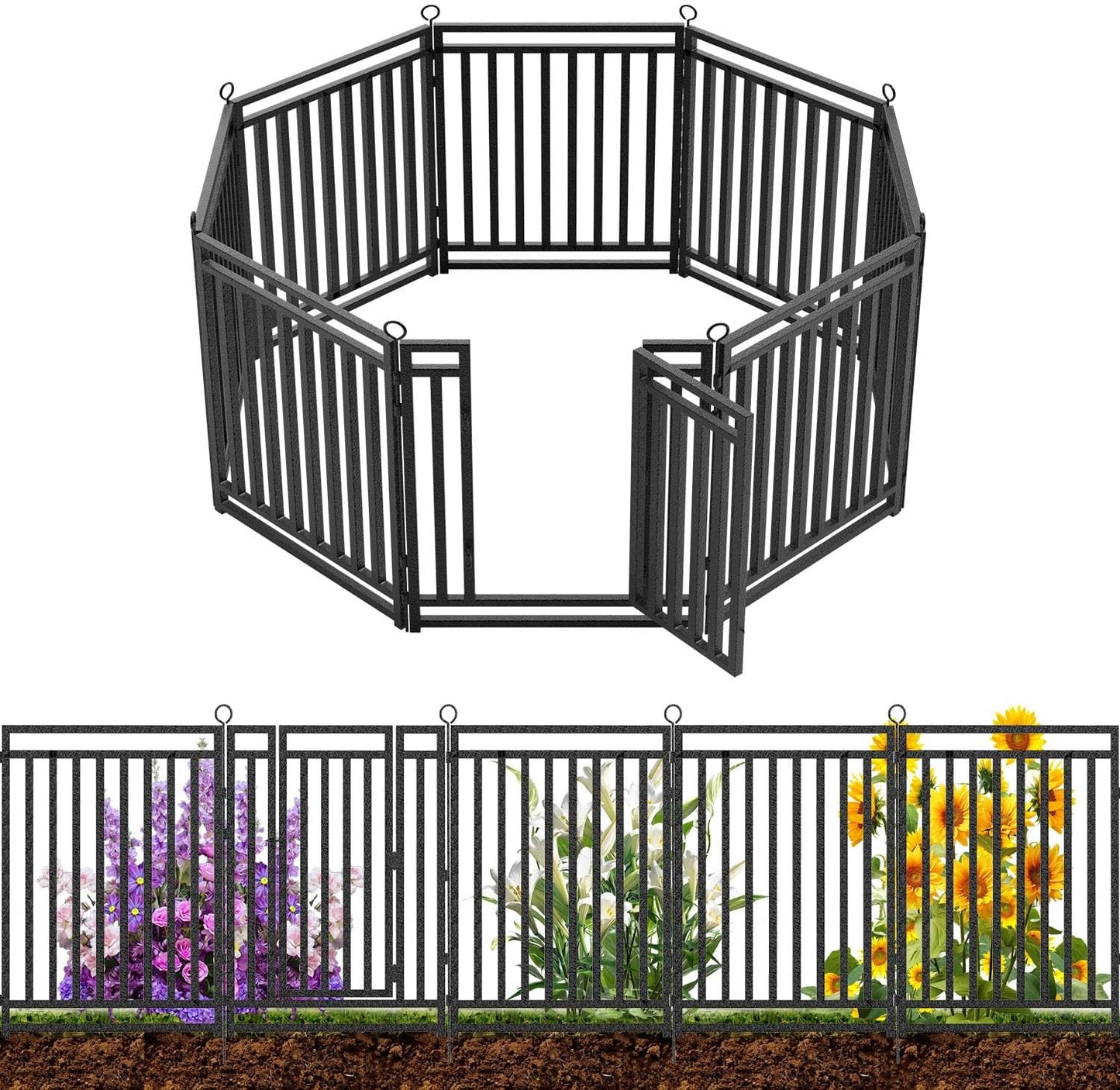 Petorldog Dog Playpen Garden Fence Metal Dog Fence Outdoor, Heavy - Duty Garden Fencing with Gate, Animal Barrier for Patio & Flower Beds, Black - Silver - Petorldog