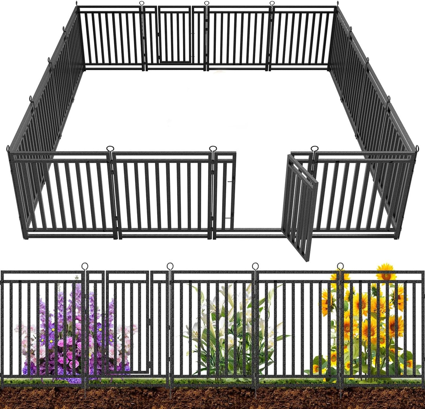 Petorldog Dog Playpen Garden Fence Metal Dog Fence Outdoor, Heavy - Duty Garden Fencing with Gate, Animal Barrier for Patio & Flower Beds, Black - Silver - Petorldog
