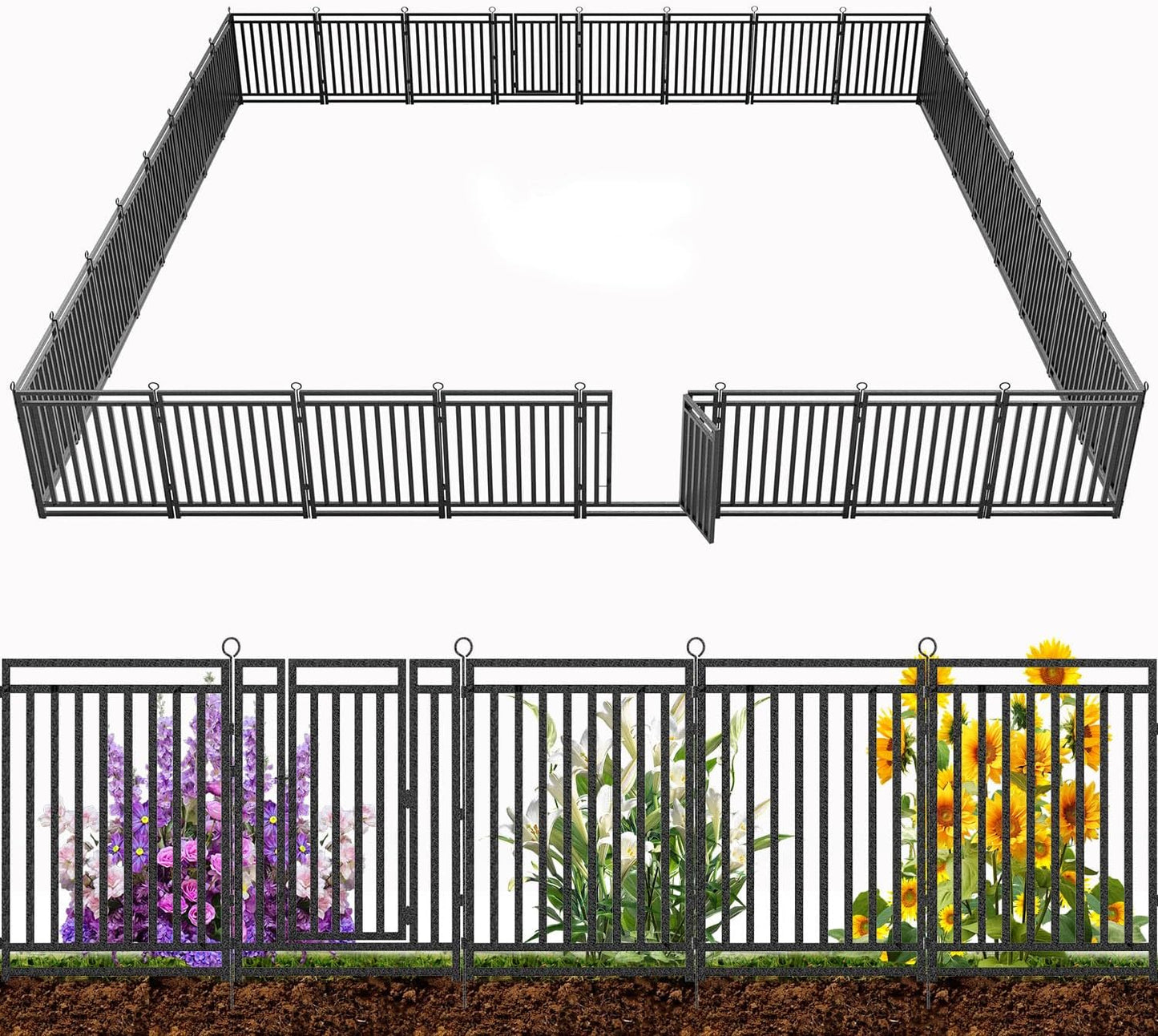 Petorldog Dog Playpen Garden Fence Metal Dog Fence Outdoor, Heavy - Duty Garden Fencing with Gate, Animal Barrier for Patio & Flower Beds, Black - Silver - Petorldog