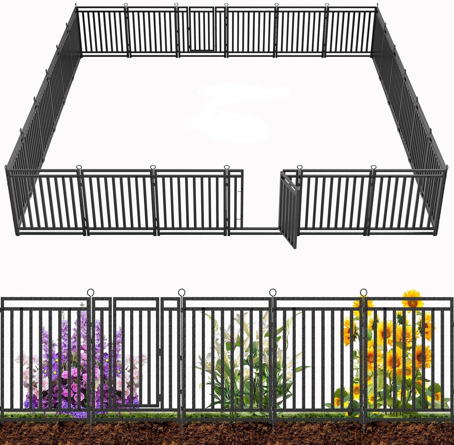 Petorldog Dog Playpen Garden Fence Metal Dog Fence Outdoor, Heavy - Duty Garden Fencing with Gate, Animal Barrier for Patio & Flower Beds, Black - Silver - Petorldog